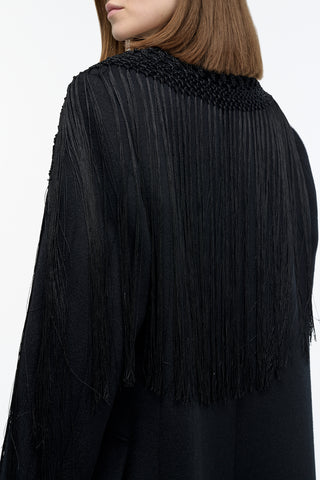 Mcaffrey Fringe Coat in Black Double-face Recycled Cashmere with Silk Macrame
