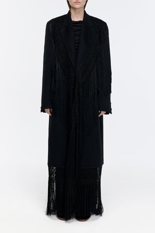 Mcaffrey Fringe Coat in Black Double-face Recycled Cashmere with Silk Macrame