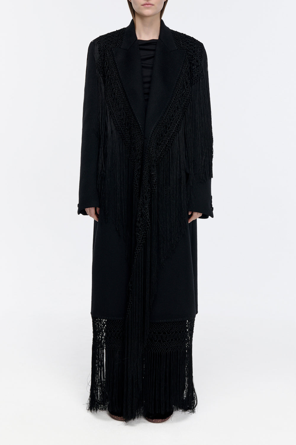 Mcaffrey Coat in Black Double-face Recycled Cashmere with Silk Macrame