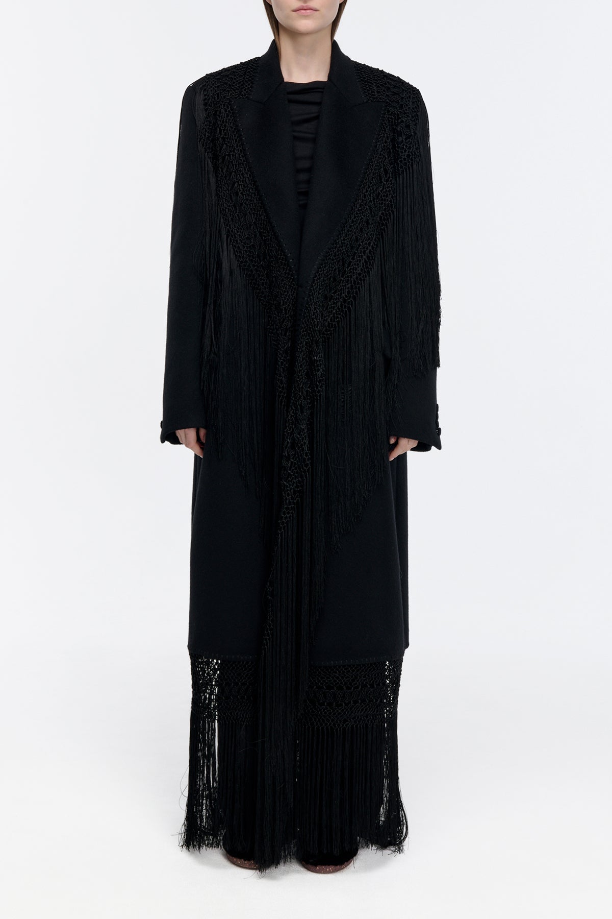 Mcaffrey Coat in Black Double-face Recycled Cashmere with Silk Macrame