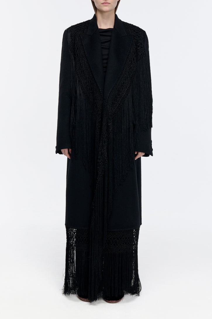 Mcaffrey Coat in Black Double-face Recycled Cashmere with Silk Macrame
