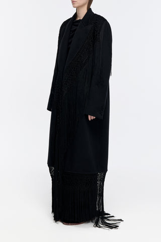 Mcaffrey Fringe Coat in Black Double-face Recycled Cashmere with Silk Macrame