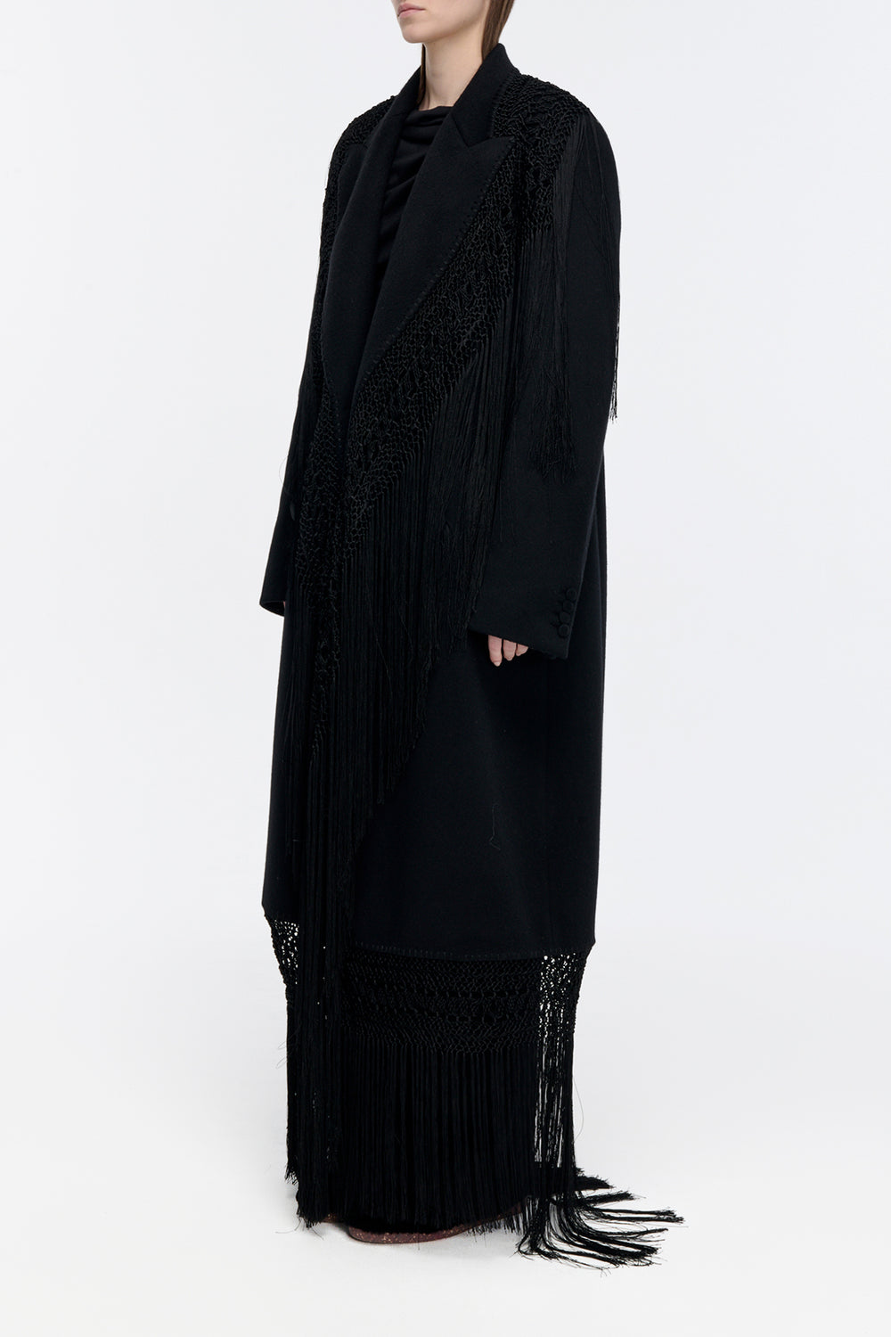Mcaffrey Coat in Black Double-face Recycled Cashmere with Silk Macrame