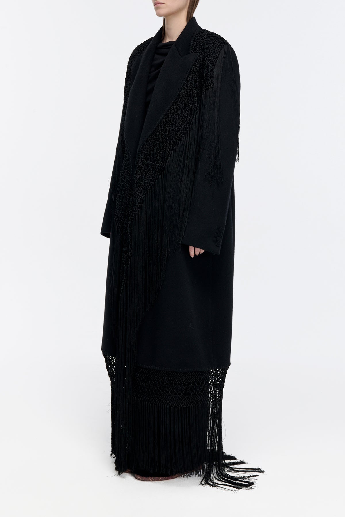 Mcaffrey Coat in Black Double-face Recycled Cashmere with Silk Macrame