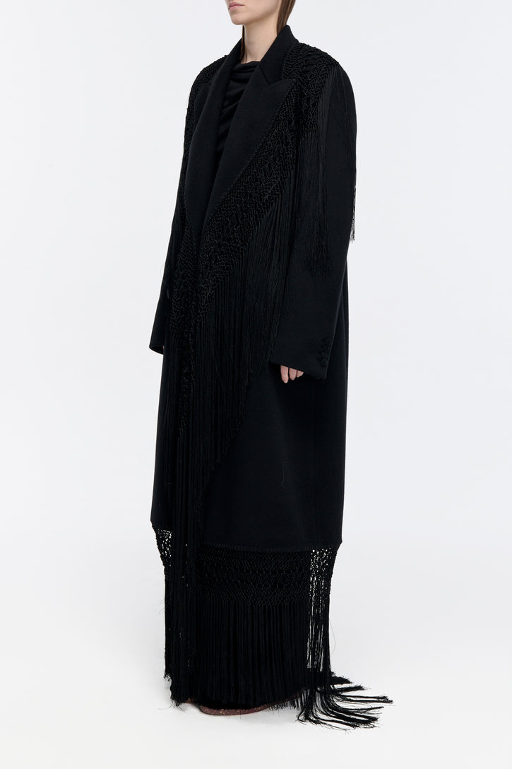 Mcaffrey Coat in Black Double-face Recycled Cashmere with Silk Macrame