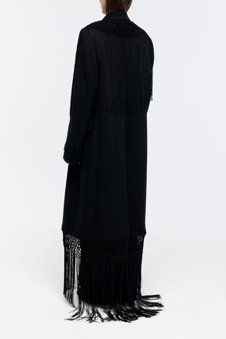 Mcaffrey Fringe Coat in Black Double-face Recycled Cashmere with Silk Macrame