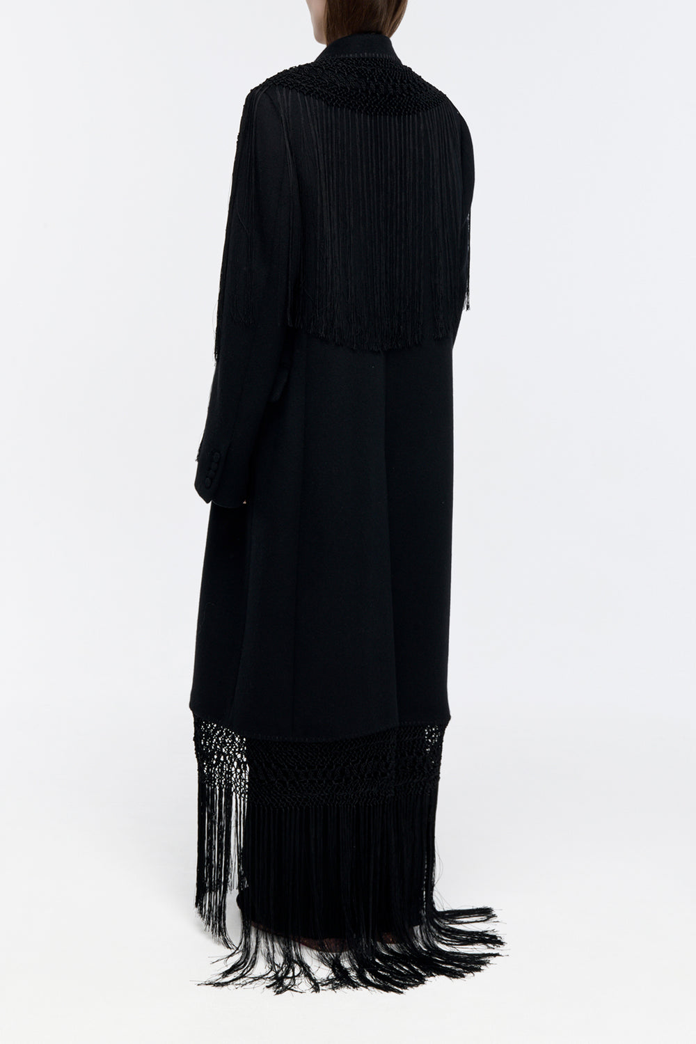 Mcaffrey Coat in Black Double-face Recycled Cashmere with Silk Macrame