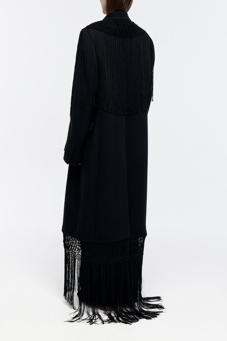 Mcaffrey Coat in Black Double-face Recycled Cashmere with Silk Macrame