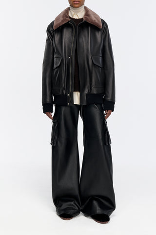 Grant Bomber Jacket in Black Leather with Shearling Collar