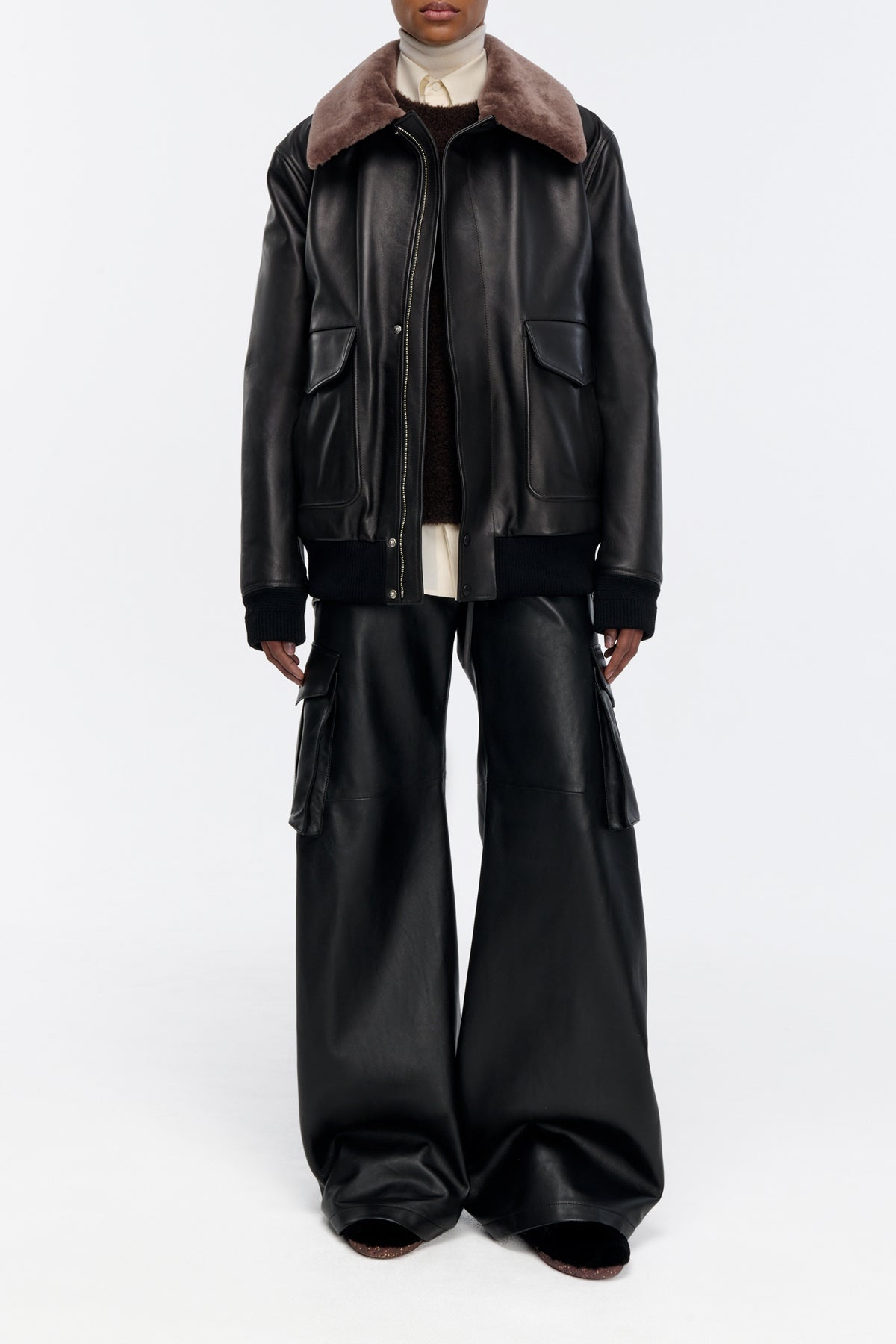 Grant Bomber Jacket in Black Leather with Shearling Collar