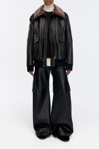 Grant Bomber Jacket in Black Leather with Shearling Collar