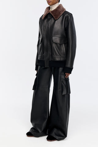 Grant Bomber Jacket in Black Leather with Shearling Collar