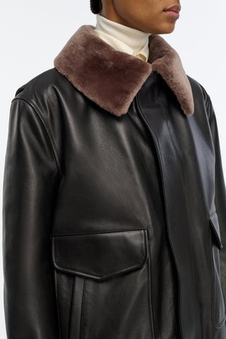 Grant Bomber Jacket in Black Leather with Shearling Collar