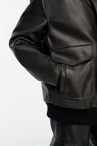 Grant Bomber Jacket in Black Leather with Shearling Collar