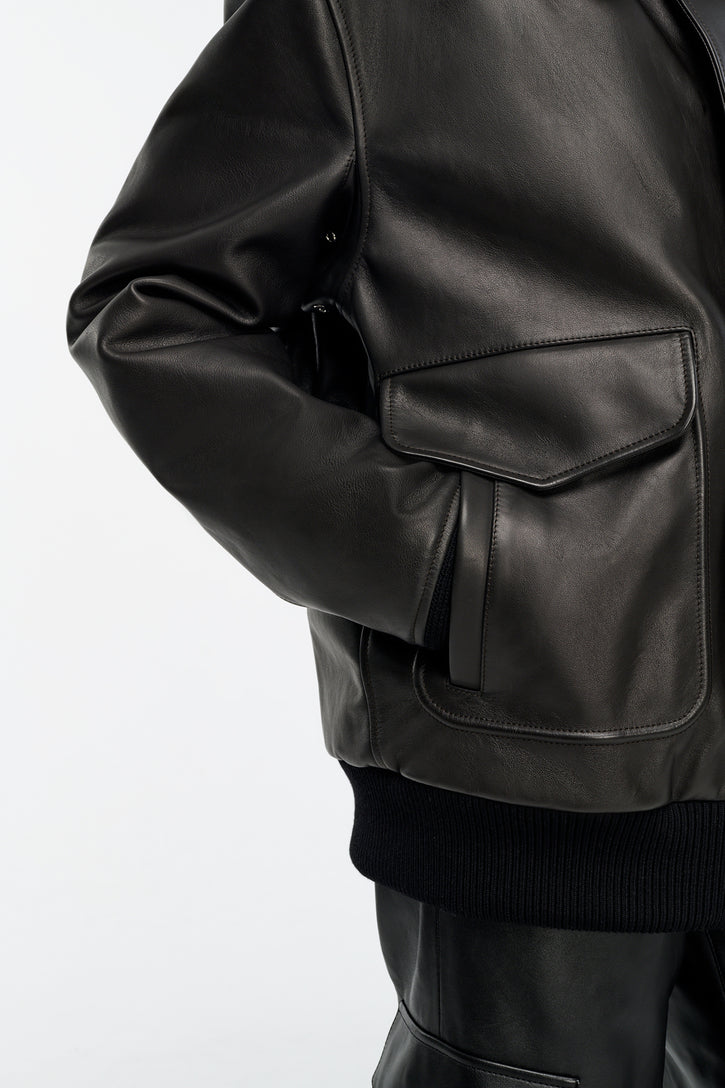 Grant Bomber Jacket in Black Leather with Shearling Collar