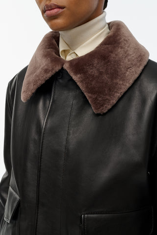 Grant Bomber Jacket in Black Leather with Shearling Collar