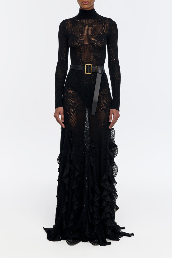 Feal Pointelle Knit Lace Bodysuit in Black Silk Merino Wool
