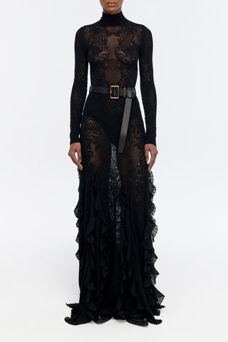 Garnet Pointelle Knit Lace Skirt in Black Silk Merino Wool with Custom Ruffles