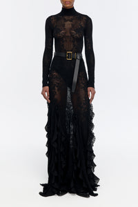 Garnet Pointelle Knit Lace Skirt in Black Silk Merino Wool with Custom Ruffles