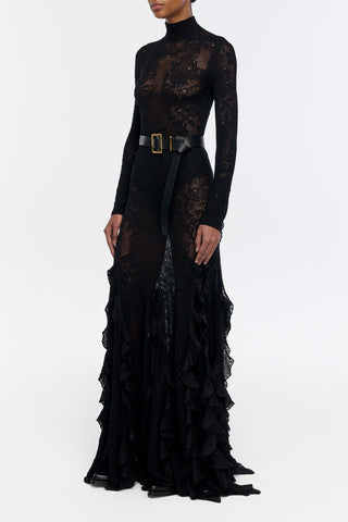 Feal Pointelle Knit Lace Bodysuit in Black Silk Merino Wool