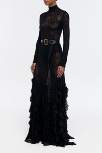 Feal Pointelle Knit Lace Bodysuit in Black Silk Merino Wool