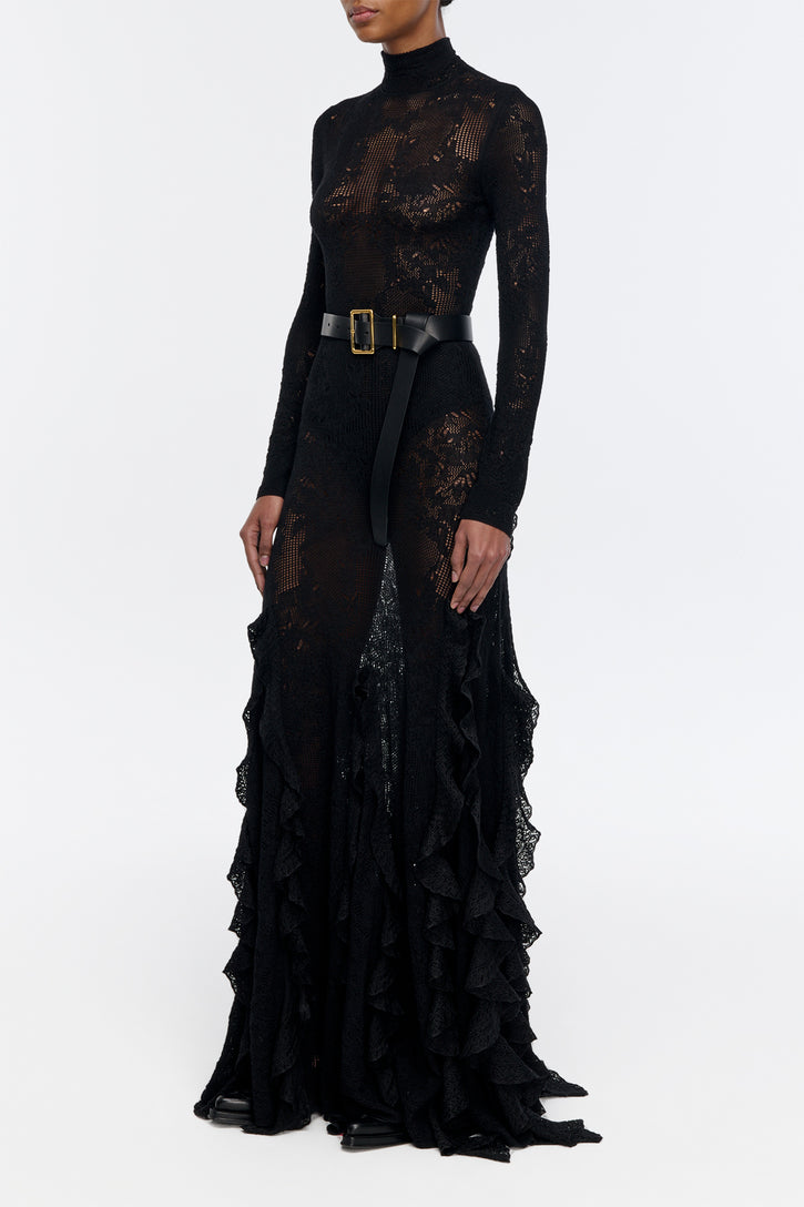 Feal Pointelle Knit Lace Bodysuit in Black Silk Merino Wool