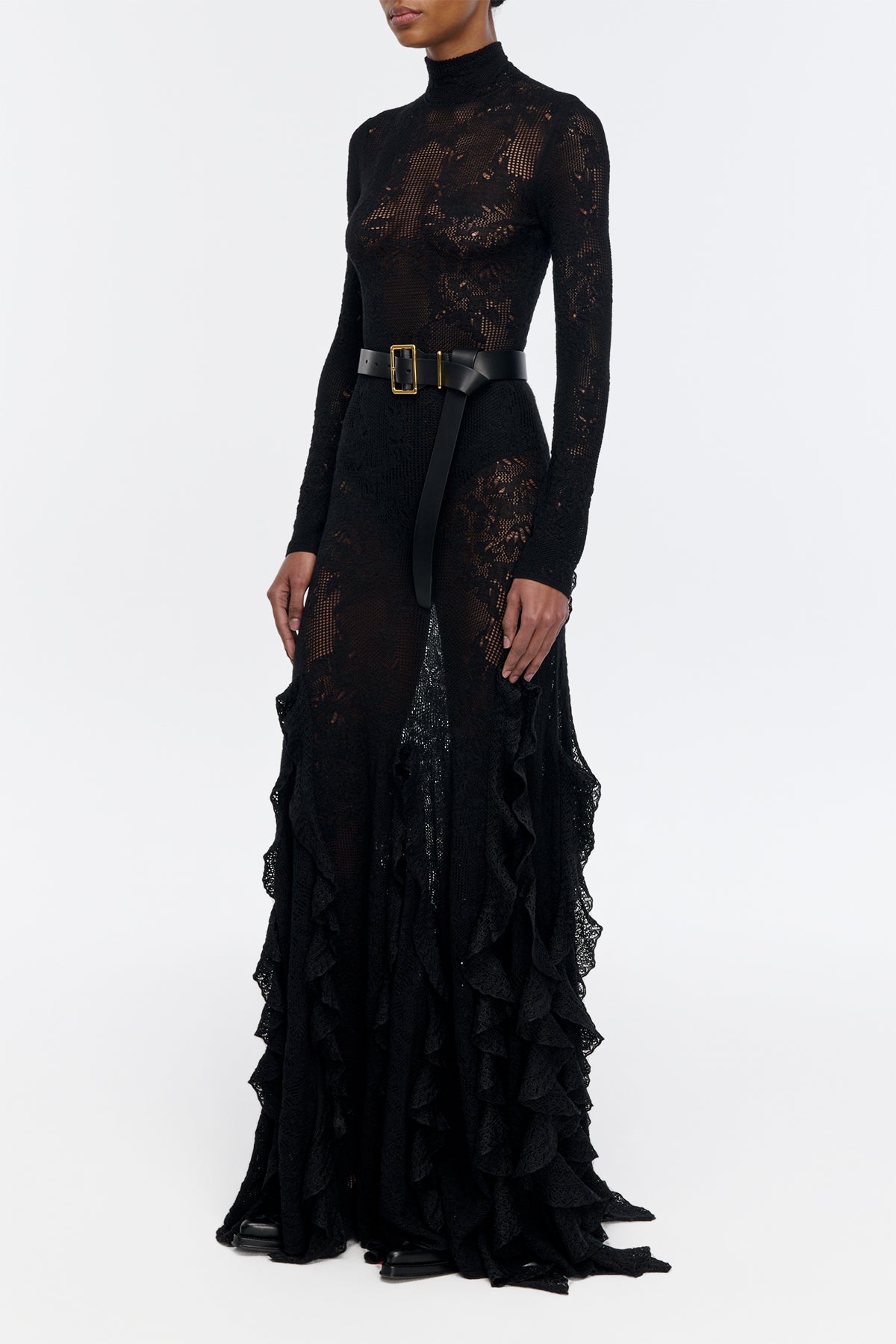 Garnet Pointelle Knit Lace Skirt in Black Silk Merino Wool with Custom Ruffles
