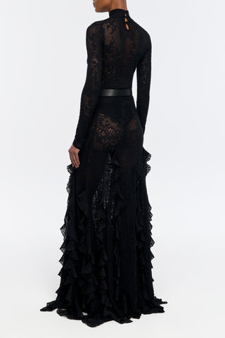 Feal Pointelle Knit Lace Bodysuit in Black Silk Merino Wool