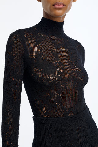 Feal Pointelle Knit Lace Bodysuit in Black Silk Merino Wool