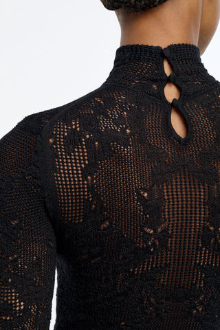 Feal Pointelle Knit Lace Bodysuit in Black Silk Merino Wool