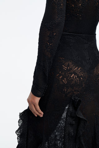 Garnet Pointelle Knit Lace Skirt in Black Silk Merino Wool with Custom Ruffles