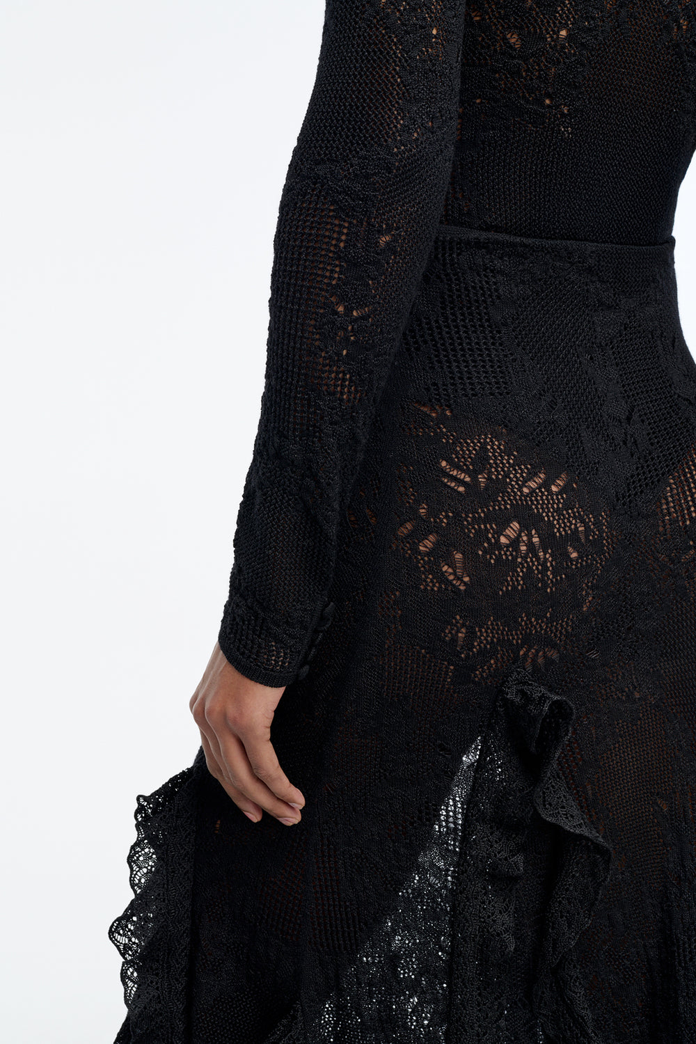 Garnet Pointelle Knit Lace Skirt in Black Silk Merino Wool with Custom Ruffles