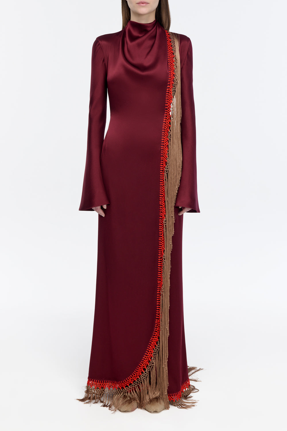 Anne Macrame Dress in Bordeaux Silk Satin