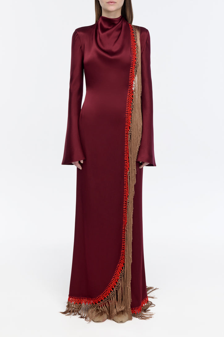 Anne Dress in Bordeaux Silk Satin with Silk Macrame