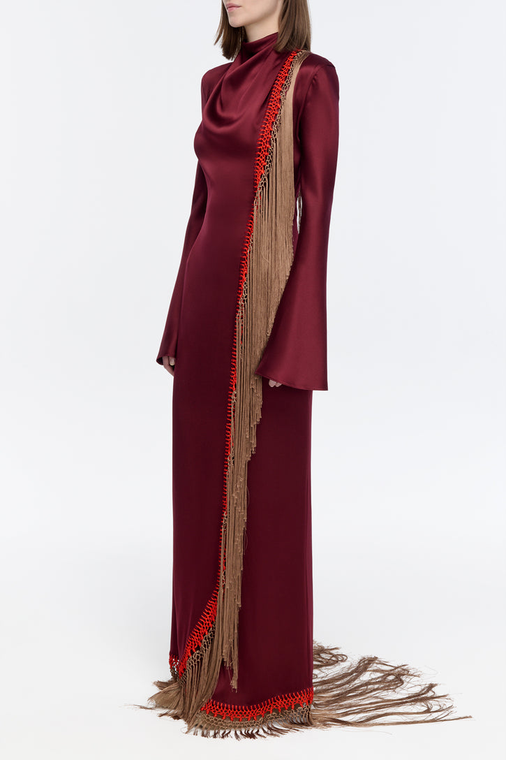 Anne Dress in Bordeaux Silk Satin with Silk Macrame