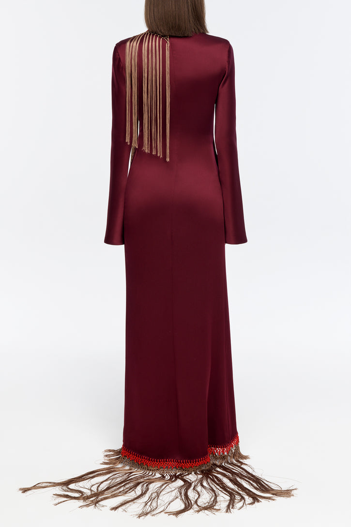 Anne Dress in Bordeaux Silk Satin with Silk Macrame