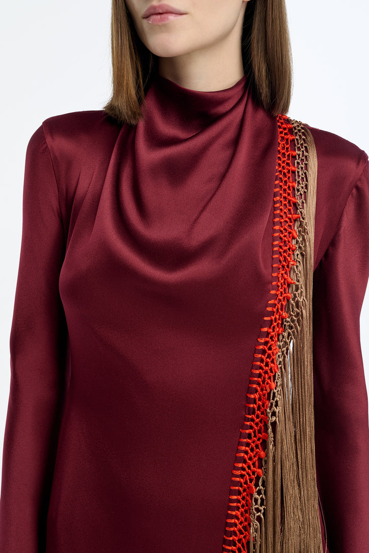 Anne Dress in Bordeaux Silk Satin with Silk Macrame