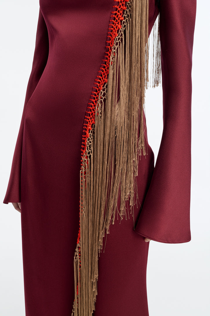 Anne Dress in Bordeaux Silk Satin with Silk Macrame