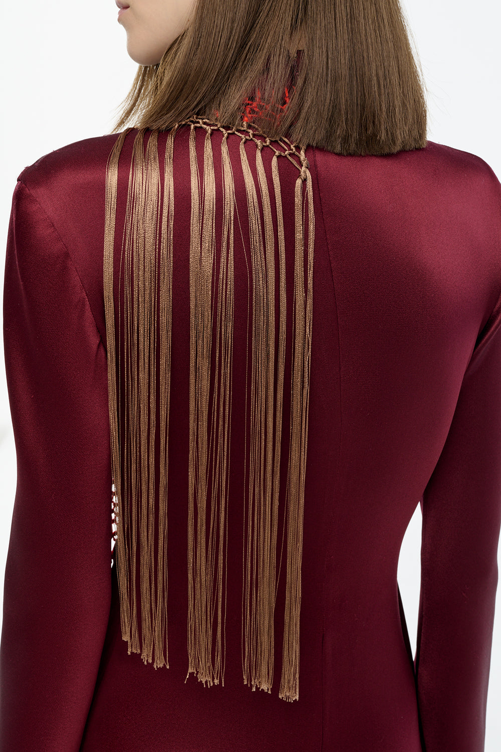 Anne Macrame Dress in Bordeaux Silk Satin