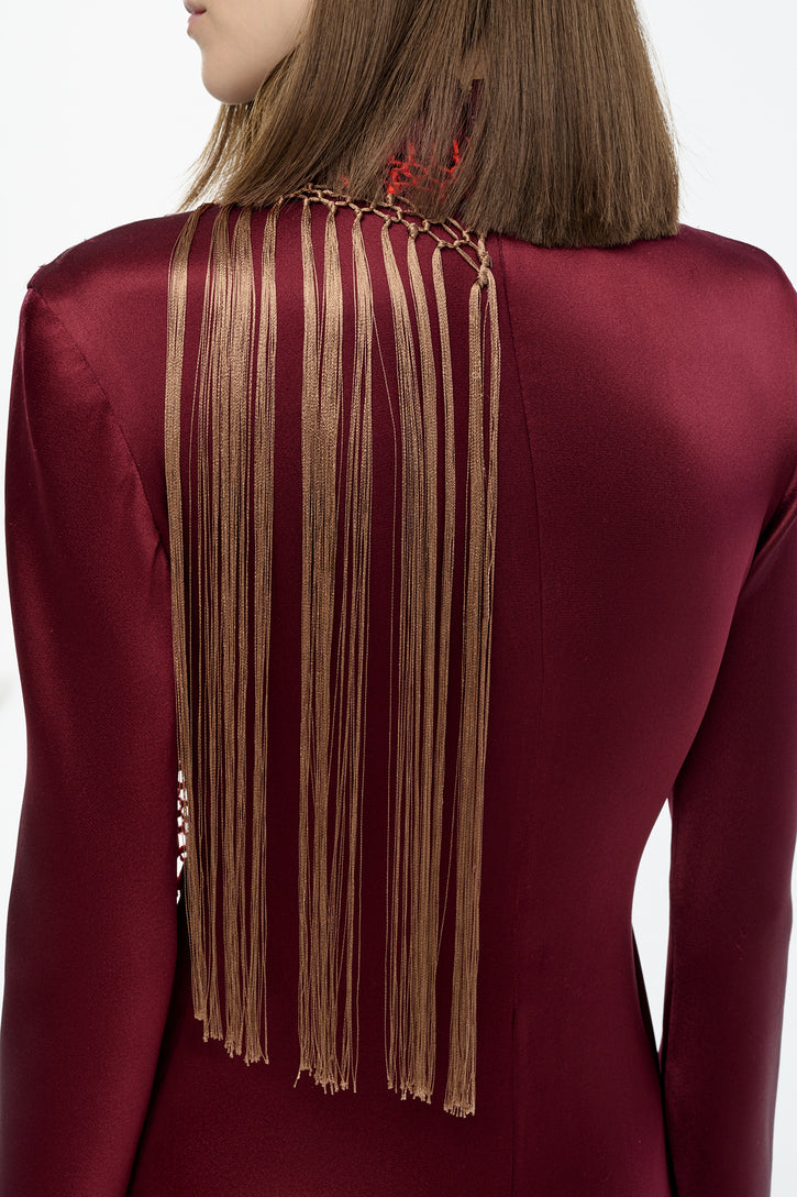 Anne Dress in Bordeaux Silk Satin with Silk Macrame