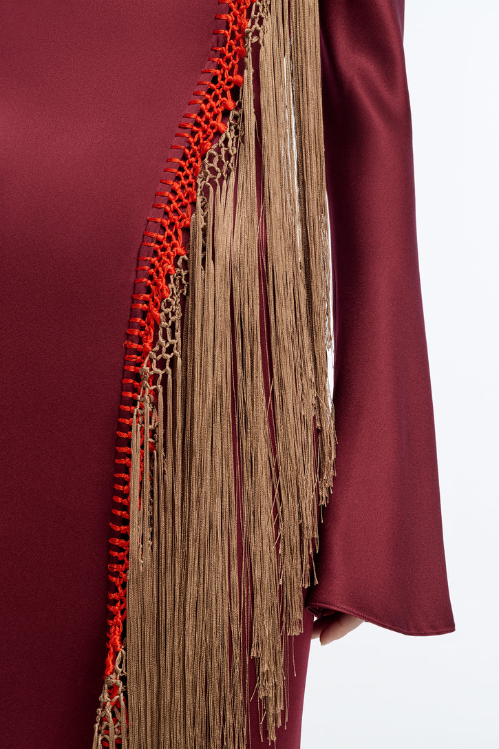 Anne Dress in Bordeaux Silk Satin with Silk Macrame