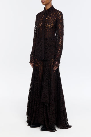 Vera Shirt in Chocolate Floral Cashmere Lace with Suede Lace Cuffs