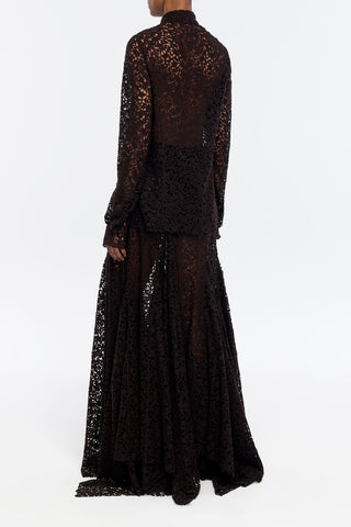 Vera Shirt in Chocolate Floral Cashmere Lace with Suede Lace Cuffs