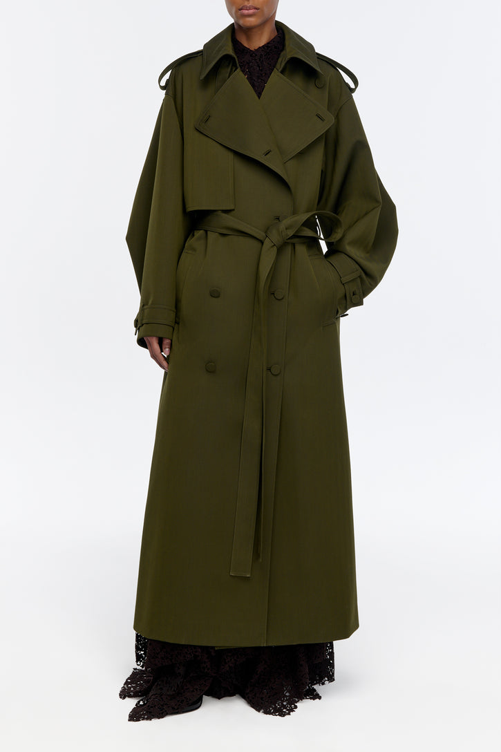 Tellus Trench Coat in Deep Olive Cross-dyed Wool