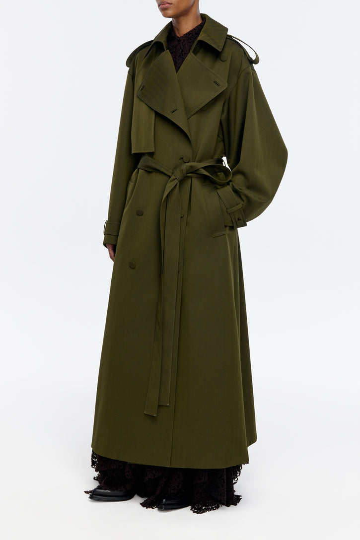 Tellus Trench Coat in Deep Olive Cross-dyed Wool