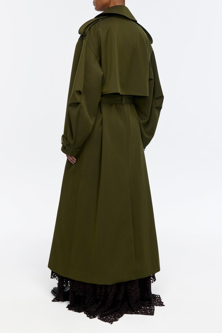 Tellus Trench Coat in Deep Olive Cross-dyed Wool