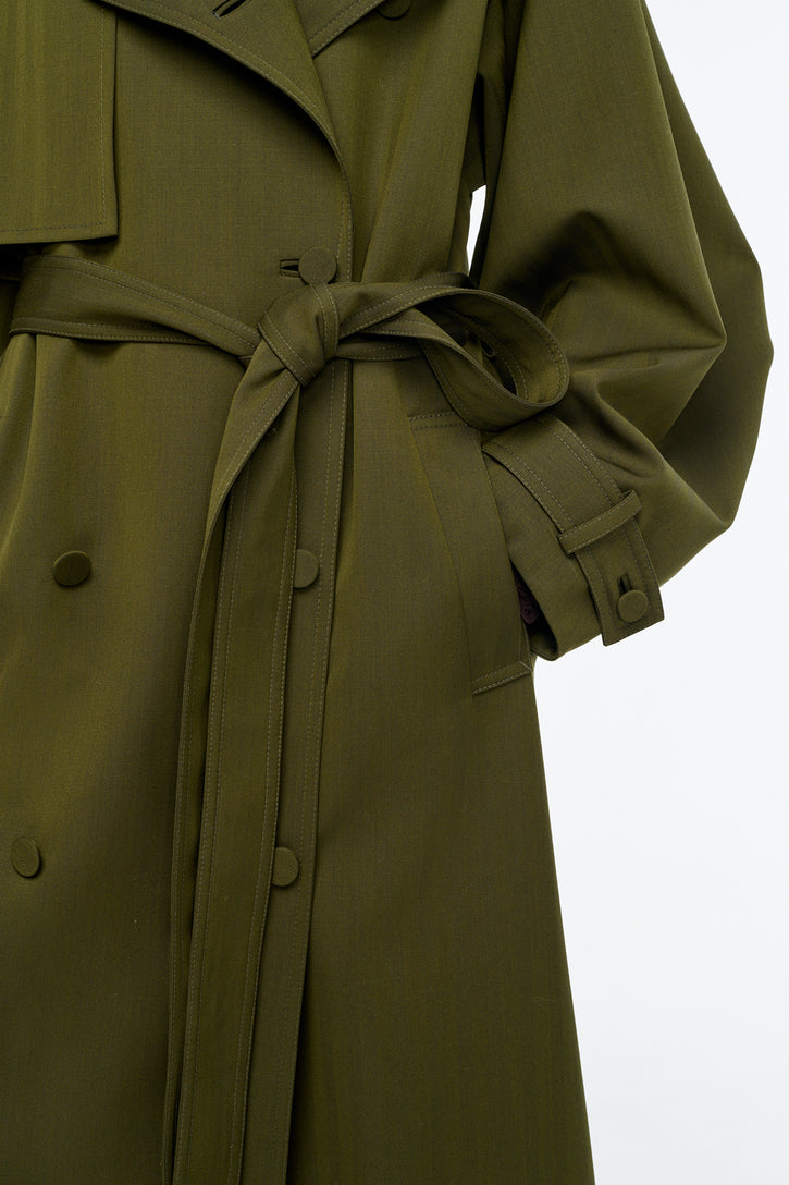 Tellus Trench Coat in Deep Olive Cross-dyed Wool