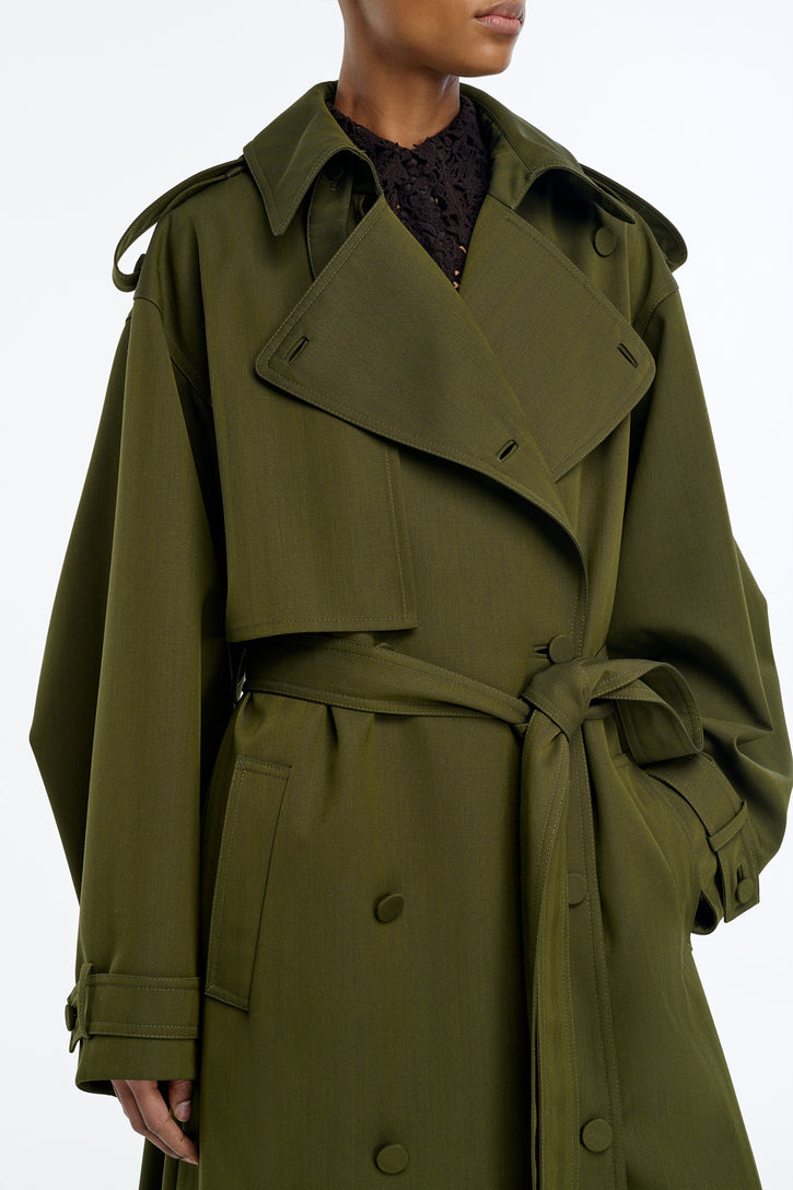 Tellus Trench Coat in Deep Olive Cross-dyed Wool
