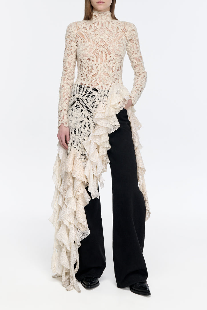 Nimbus Crochet Lace Top in Ivory Cashmere with Custom Ruffles
