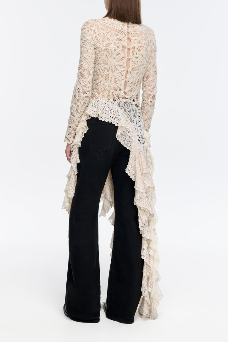 Nimbus Crochet Lace Top in Ivory Cashmere with Custom Ruffles